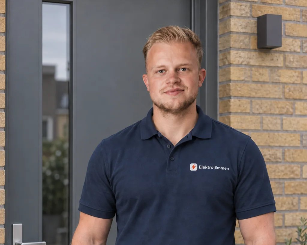 Monteur van Elektro Emmen bij de voordeur van een woning