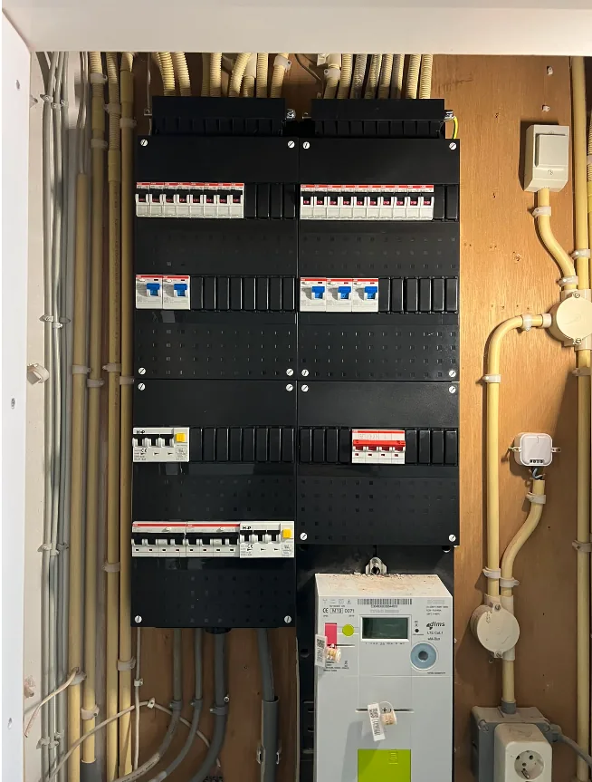 Opgeleverde groepenkast met automaten en aardlekschakelaars, netjes gelabeld, boven de meter